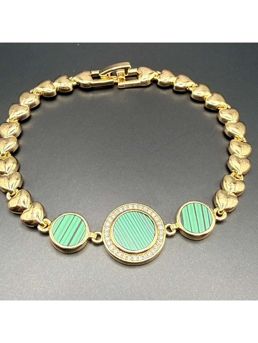 candy+clover Green Striped Enamel Cabochon Gold Heart Link Bracelet